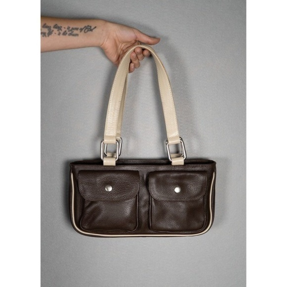 Dulce Womens Shoulder Bag Baguette Cargo Pocket Pebbled Leather Brown Cream Y2K